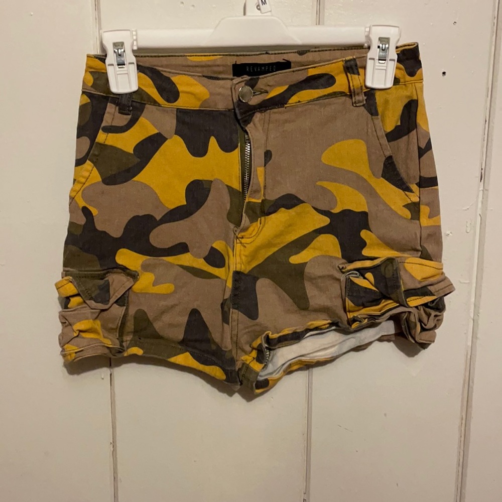 Yellow camouflage cargo shorts